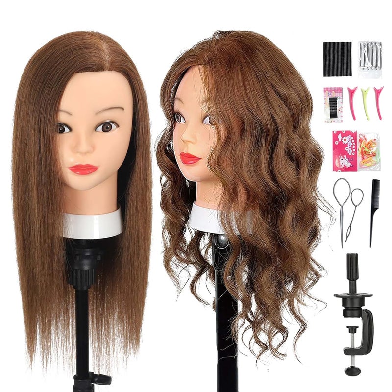 Opini Mannequin Head with 100% Real Human Hair 20-22" Cosmetology Mannequin Head to Practice Hairstyles Bleaching Training Learning Head for Hairdresser With Free Clamp Holder (Brown-W25) - Image 1